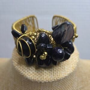 Handcrafted Cuff Bracelet Wired Gold-Tone Base & Cluster of Onyx Stones & Beads